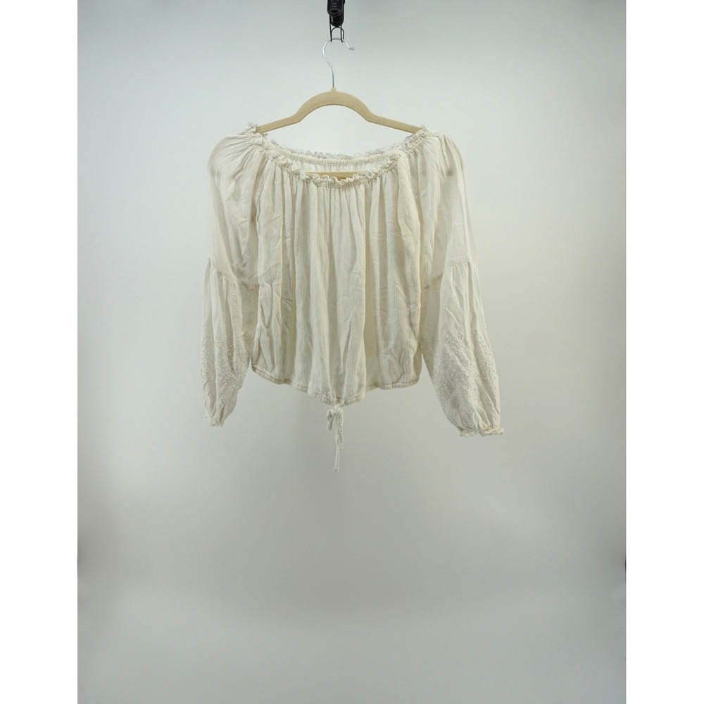 Ren Fair Peasant Blouse Boho Eyelet Embroidery Off Shoulder Ivory White Small